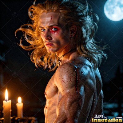 A blond man with red face paint beside lit candles outdoors