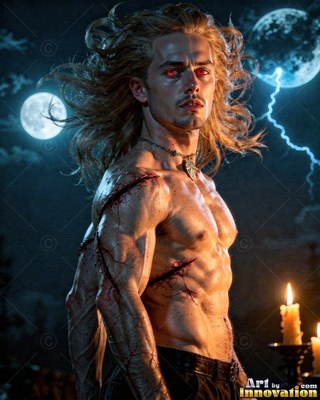 Red eyes mark a shirtless man with long blond hair outdoors under lightning and full moons