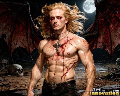 A shirtless blond man stands with leathery wings under pale full moonlight