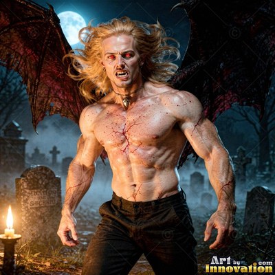Standing shirtless in a dark graveyard, a winged vampire man bares his fangs