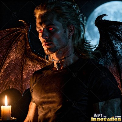 A winged blond man with red eyes stands by a candle under the moon