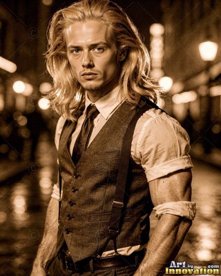 Standing on a wet cobblestone street at night, a blond man wears a dark vest
