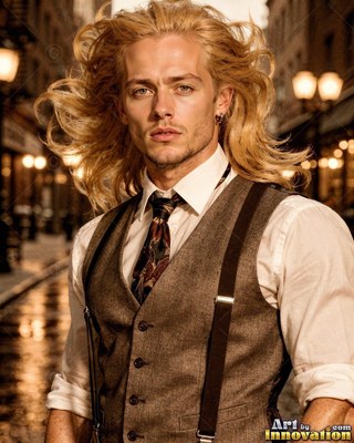 Blond man with long hair wearing a vest on a city street