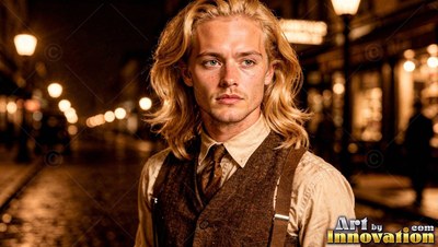 Shoulder-length blond hair frames a man in a brown vest standing along a cobbled street at night