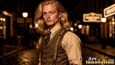 A blond man stands in a dark street at night, lit by warm yellow streetlamps