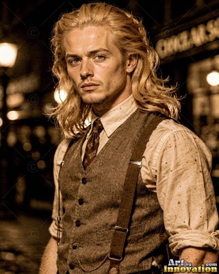 Standing straight on a dark street, a blond man wears a brown vest and tie
