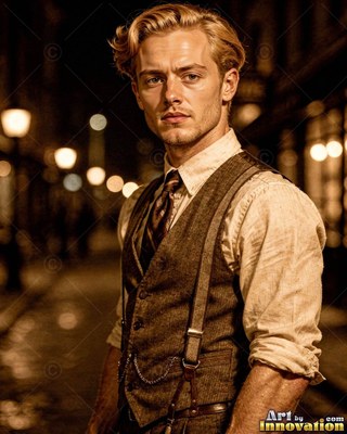 A blond man in a brown vest stands on a dark, wet street at night