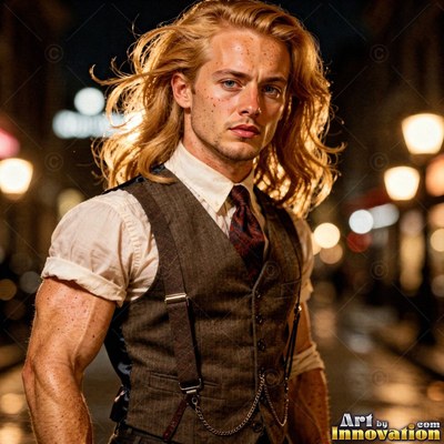On a dark street, a blond man stands in a vest and tie under warm lamp light