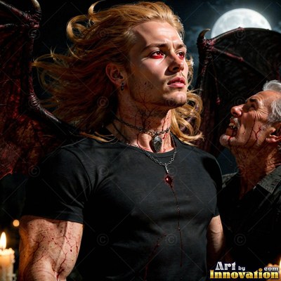 A blond man with bat wings looks up beside an older man under pale moonlight