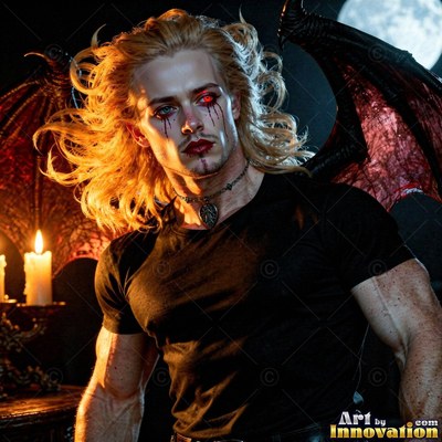 Facing forward at night, a blond winged standing man near a lit candle