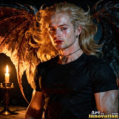 Beside a lit candle, a blond winged man with blood on his face stares ahead