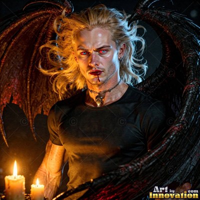 Sitting by two candles, a blond man with black bat wings has blood on his chin