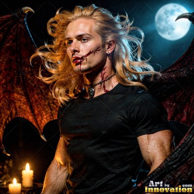 Blond winged man with blood on his mouth under a full moon