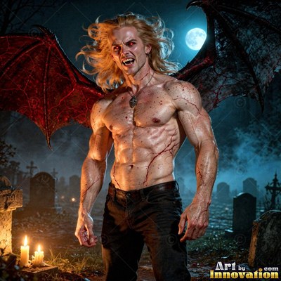 Bare-chested and bloodied, a winged man stands upright in a dark graveyard under the moon