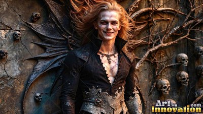 A pale man smiles by dark bat wings, his long hair catching warm light