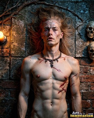 A shirtless blond vampire man with fangs lies on a stone wall by candlelight