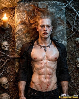 On a stone slab near human skulls, a man bare from the waist up with long blond hair lies by candlelight