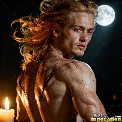 Looking back over his bare scarred shoulder, a blond man is standing by a full moon