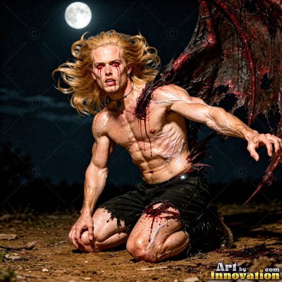 A bloody blond man with bat wings kneels under the full moon