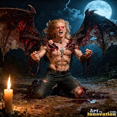 Bloody bat wings on his bare shoulders, a blond man kneels on dirt under a stormy full moon