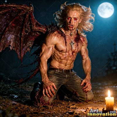 Kneeling outdoors at night, a bloody winged vampire man looks up under the moon