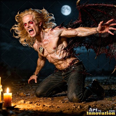 A shirtless blond man with fangs kneels on the dirt as bat wings sprout from his back