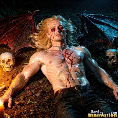 On the dark ground, a bare-chested man with blond hair with bat wings lies bleeding near skulls