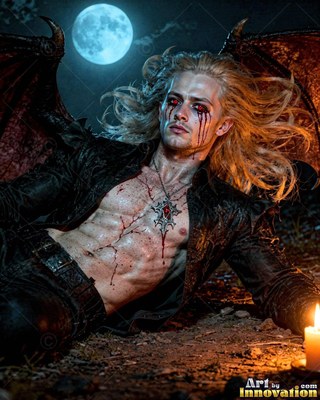 Reclining under the full moon, a winged blond man bleeds from his eyes beside a candle