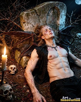 A winged bare-chested man lies against a tombstone near a candle