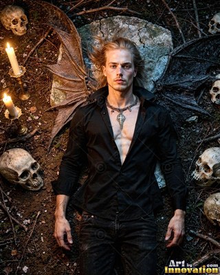 A man with unbuttoned plain black shirt lies on dark ground surrounded by skulls and lit candles