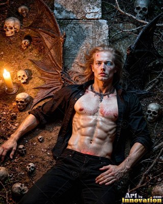 A blond man with wings lies among skulls on the ground in warm candlelight