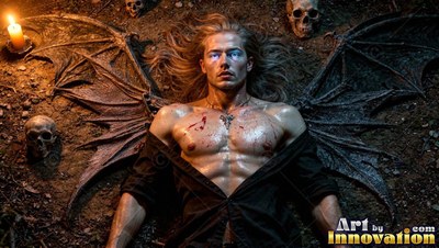 Lying flat on dark ground, a man bare from the waist up with bat wings rests by skulls