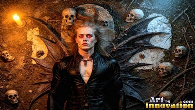 On the dark ground by skulls, a winged blond man lies in a black jacket