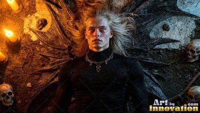 Lying on dark ground near candles, a blond man with bat wings stares up among skulls
