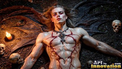 A man with no shirt with dark wings lies on the ground by skulls