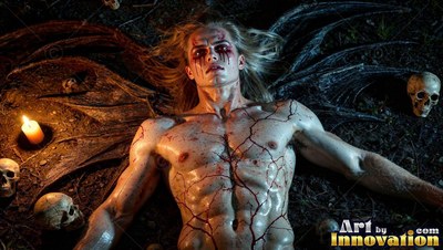 A blond man lies on dark ground by warm candlelight with red cracks on his skin