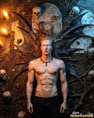 Lying on his back in a graveyard, a pale man with black wings stares upward