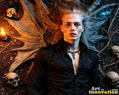 A blond man in a plain black shirt lies on the ground with stone wings and skulls