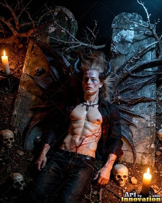 Lying between gravestones by candlelight, a horned man rests near skulls