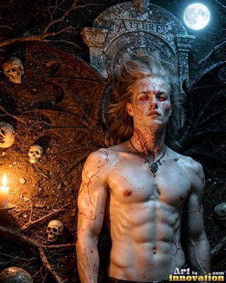 Blood drips down the neck of a bare-chested blond man with bat wings in a dark cemetery