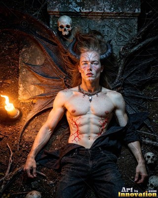 A horned man lies shirtless by a tombstone under warm candlelight