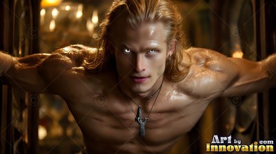 Leaning forward in a candlelit room, a bare-chested blond man with pale eyes pushes doors open