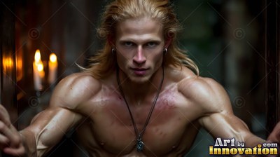 A muscular blond man leans into a dark doorway near warm candles