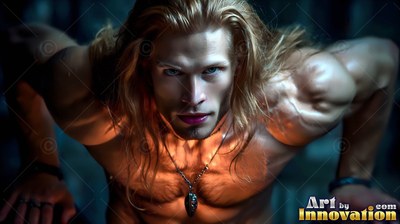 A bare-chested blond man leans forward on his hands in warm light against a dark background