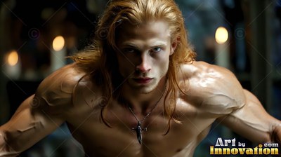 Leaning forward in candlelight, a muscular blond man stares directly forward