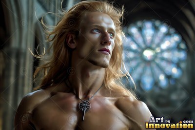 A shirtless blond man inside a cathedral near a round window