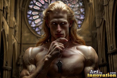 Long blond hair falls over the bare shoulders of a man standing inside a stone cathedral