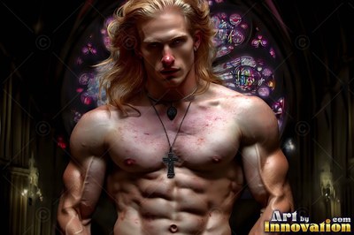 A man bare from the waist up stands before stained glass under soft purple church light
