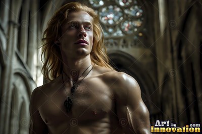 Turned sideways, a bare-chested blond man is standing inside a stone cathedral