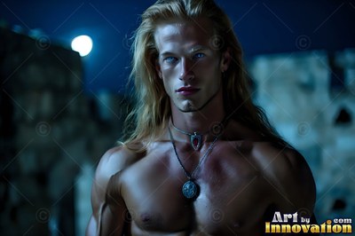 Long blond hair falls over the bare shoulders of a man outside by ruins under the moon